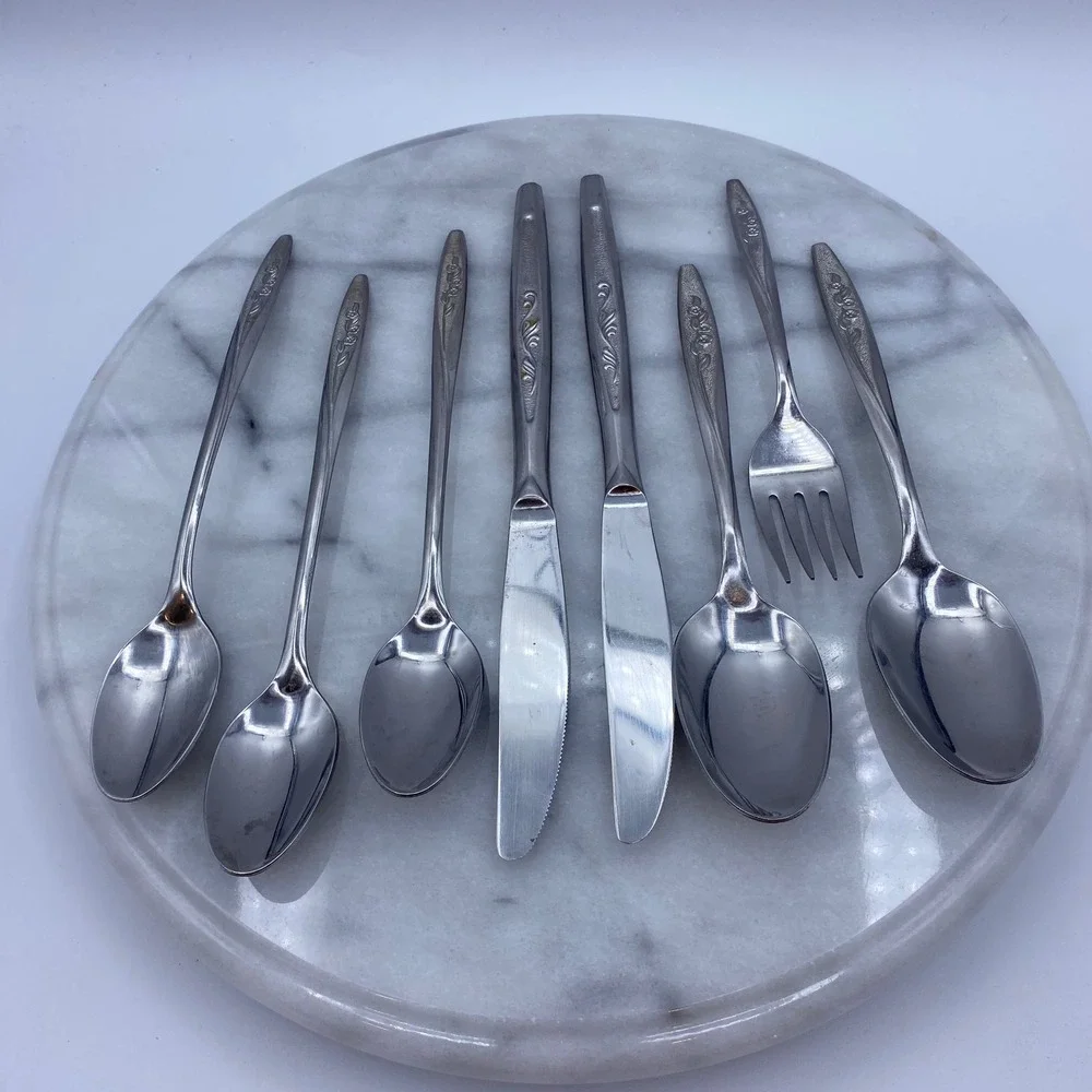 Superior Stainless USA Mixed Flatware 8pc Set Radiant Rose Pattern Silver MCM